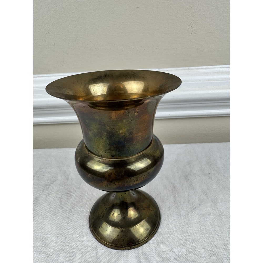 Vintage Solid Brass Urn Vase Made in India Flared Rim Pedestal Base Aged Patina